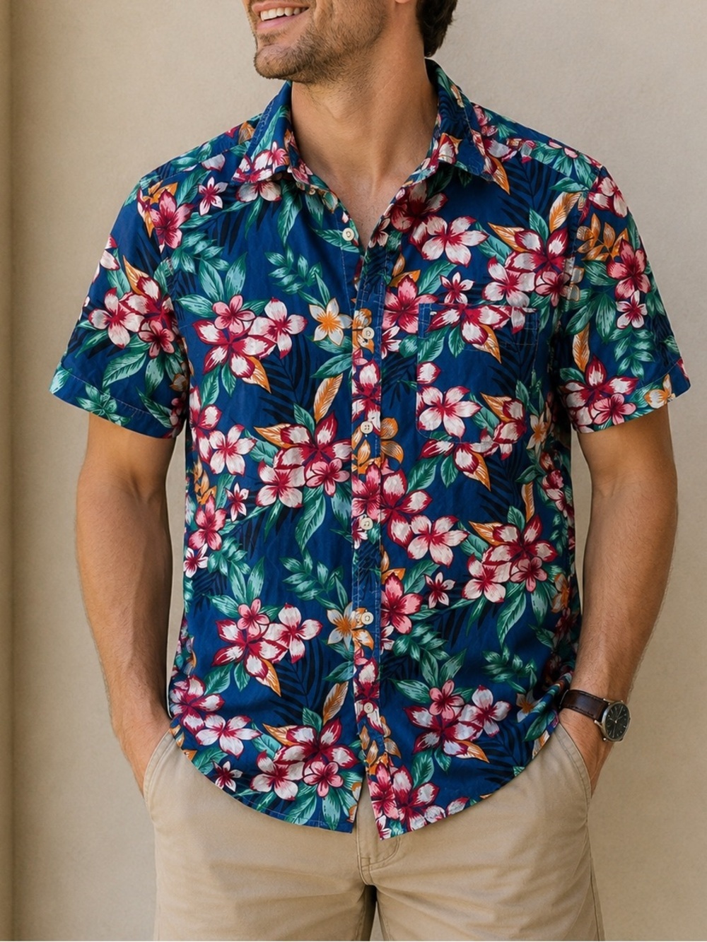 Tommy Hilfiger Men’s Hawaiian Floral Button Front Shirt Blue Pink Cotton Small